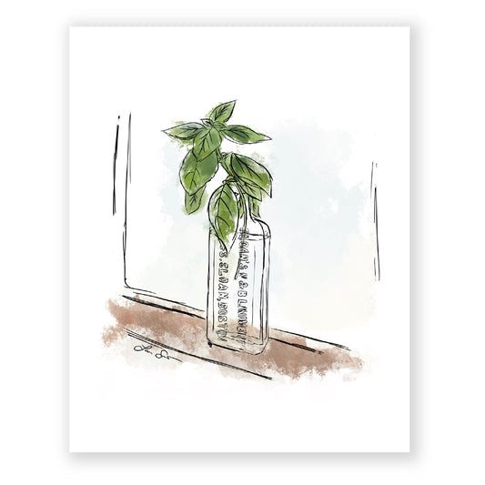 Windowsill Basil Art Print